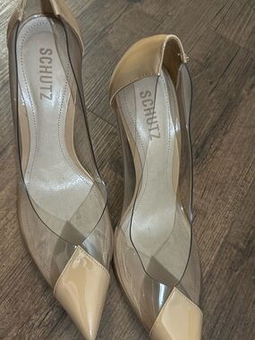 SCHUTZ Beige Patent Pointed-Toe Pumps with Clear Sides